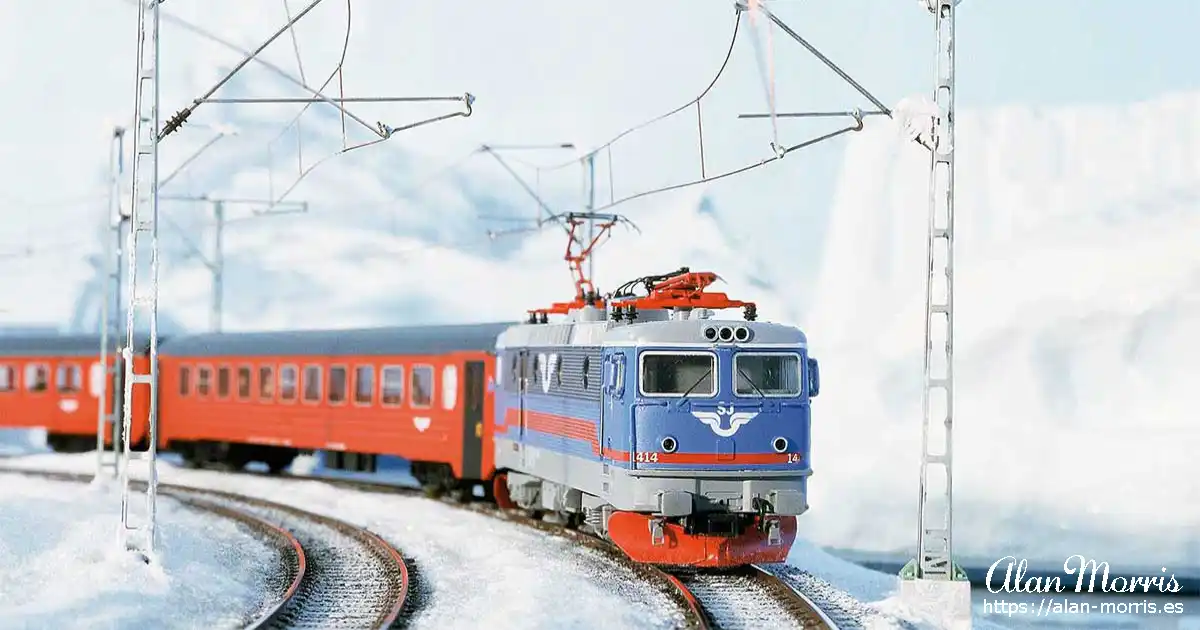 Train on a track at Miniature Wonderland in Hamburg, Germany.