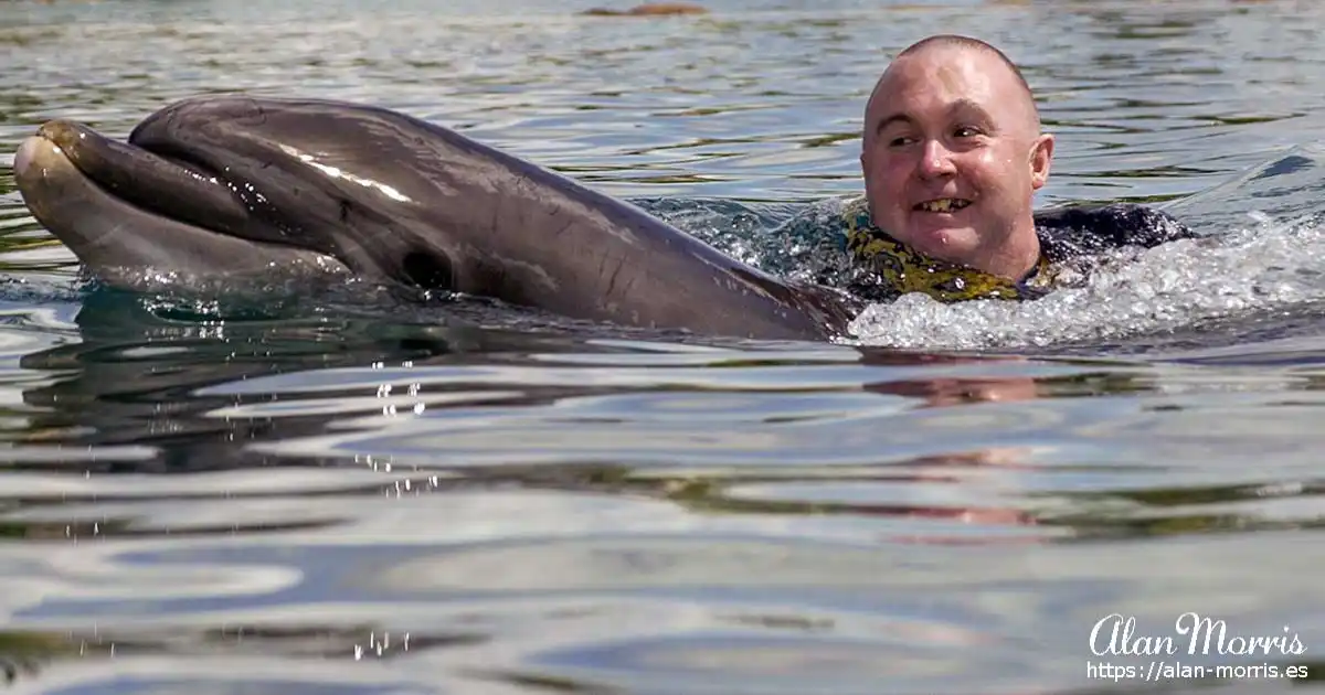 Alan Morris swimming with a dolphin.