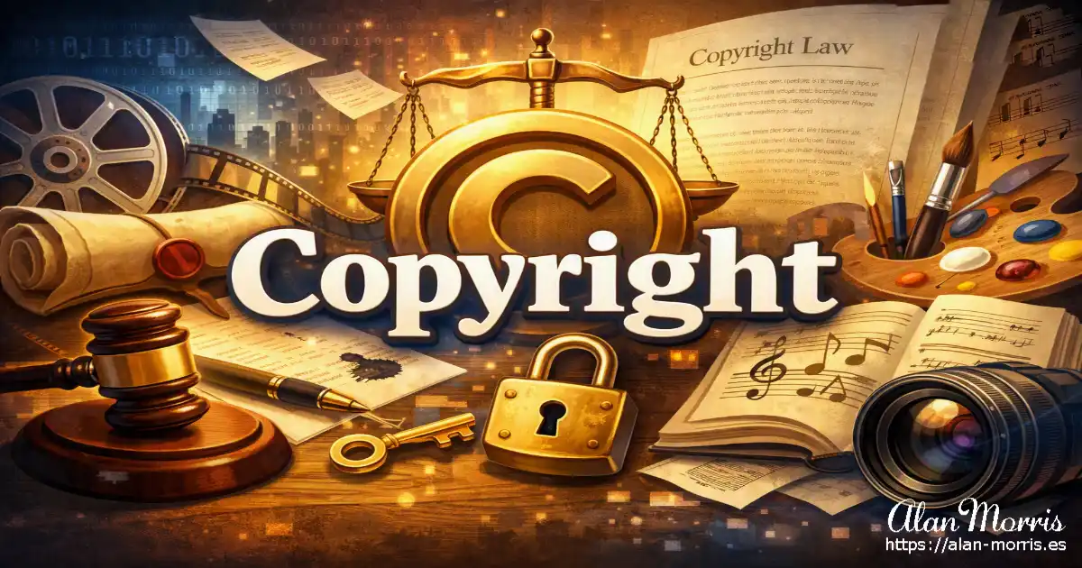 Copyright-themed graphic with golden © symbol, creative tools, and legal imagery.