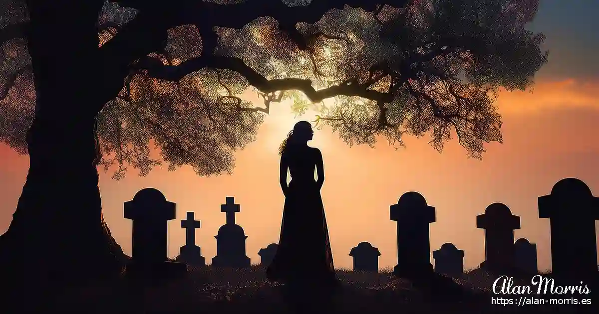 Lady standing under an oak tree in a cemetery.