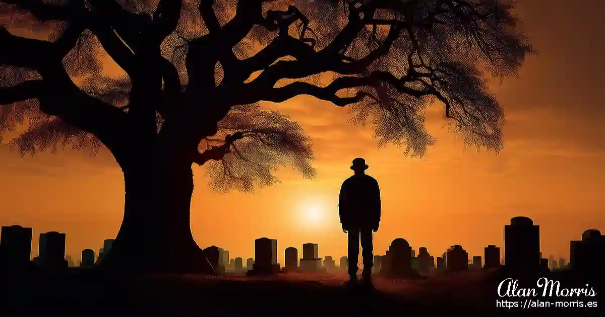 Man standing under an oak tree in a cemetery.