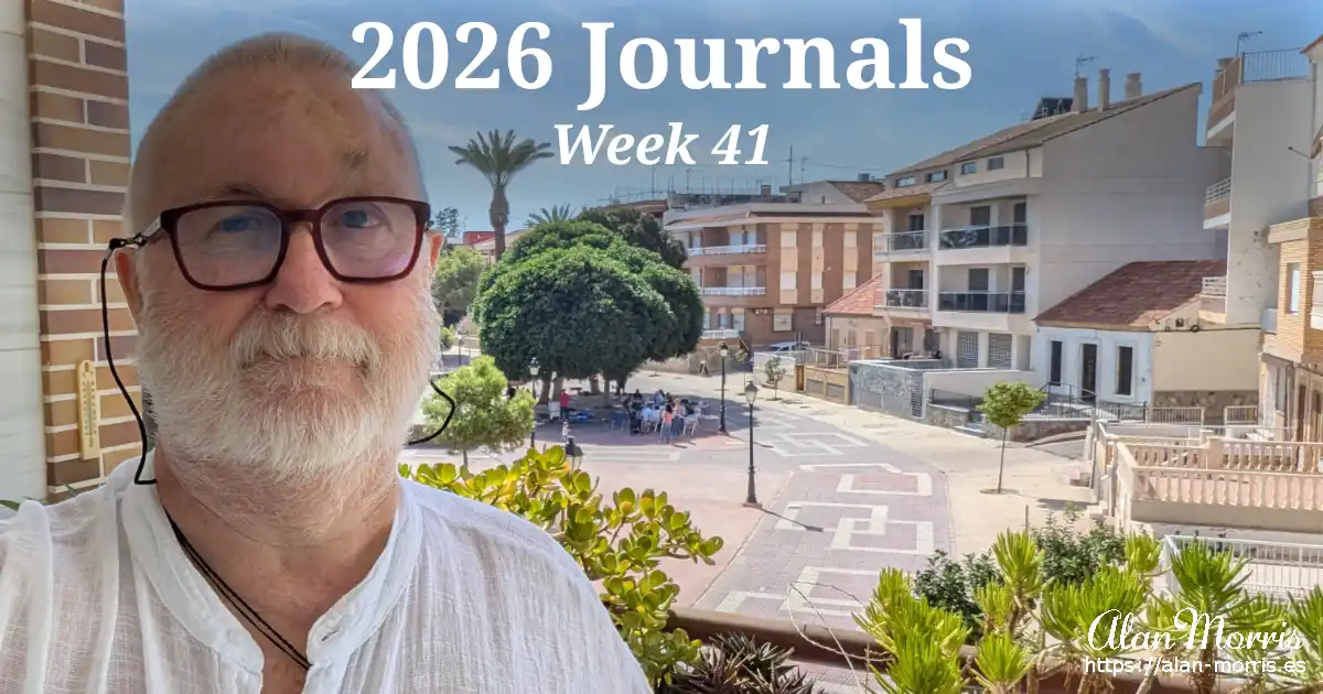 Alan Morris on the balcony of apartment overlooking Plaza del Espejo, Los Alcázares.