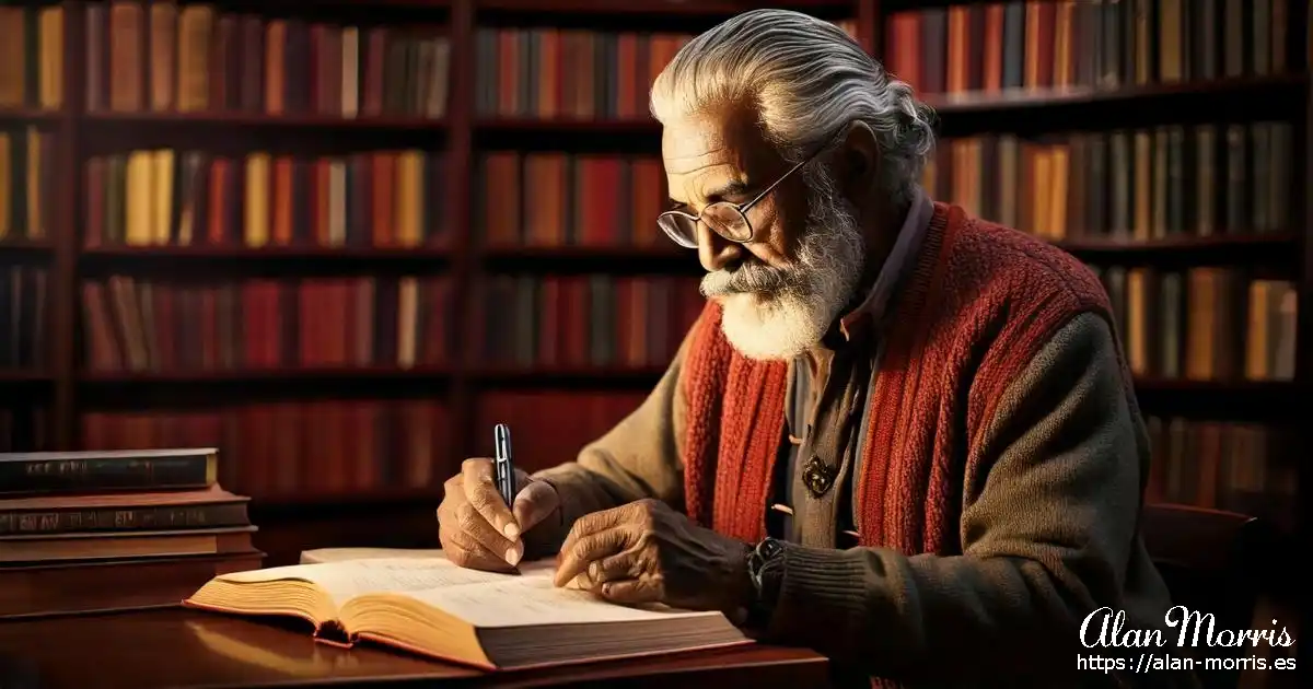 Man writing down his memories sat a table in a library.