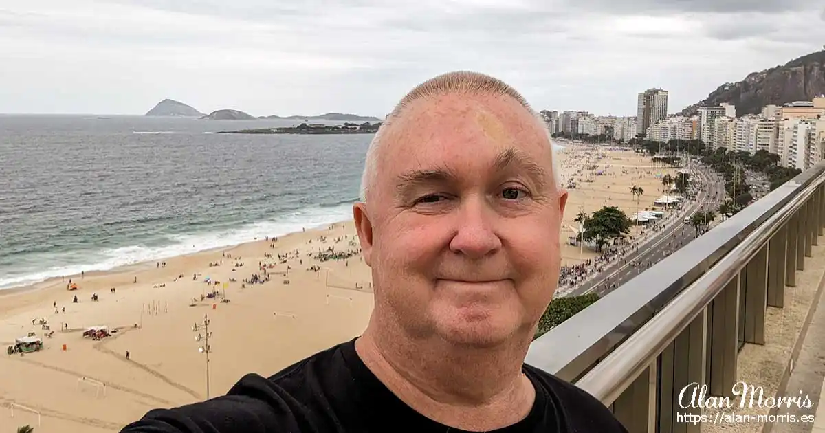 Alan Morris on the roof of Hotel Astoria Palace, Copacabana Beach.