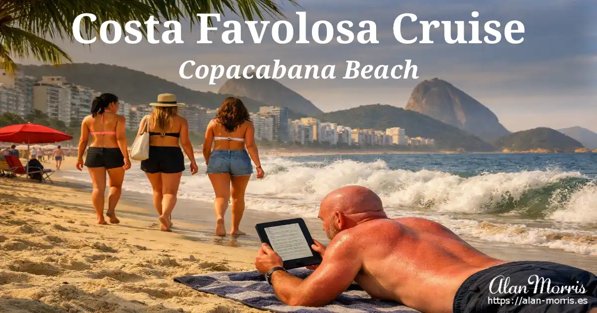 Alan Morris lying shirtless on Copacabana Beach reading a Kindle, waves crashing, Sugarloaf Mountain in background.