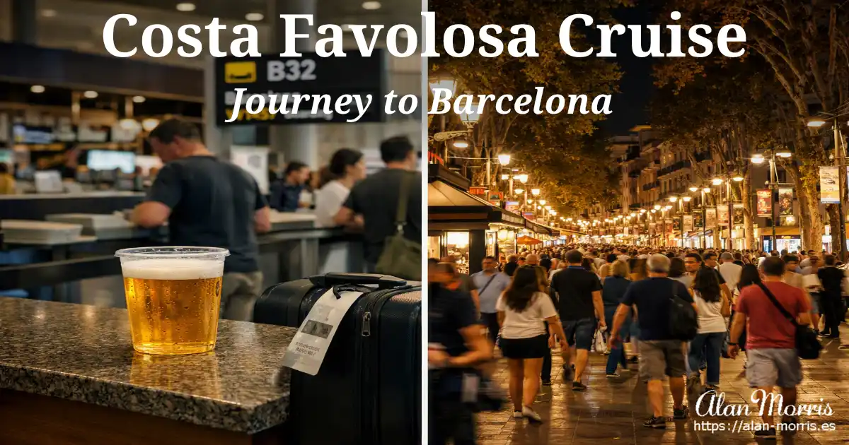 Airport bar with beer and suitcase beside boarding gate; lively night crowd on Barcelona’s La Rambla.