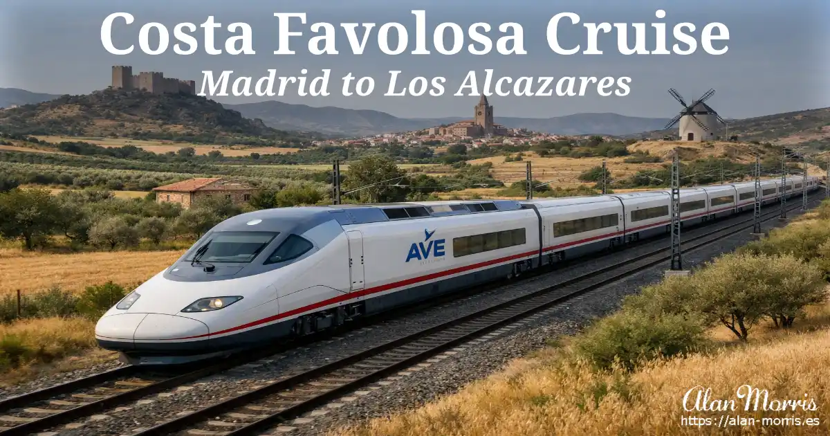 AVE high‑speed train speeding through golden Spanish countryside with castle and windmill in background.