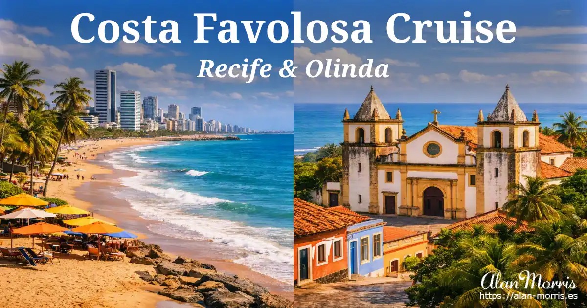 Split view of Pina Beach’s turquoise shoreline and Olinda Cathedral’s colonial hilltop overlooking the ocean.