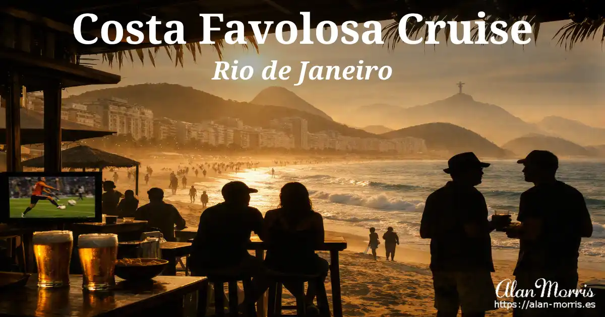 Copacabana Beach bar in Rio de Janeiro at sunset, silhouettes watching football and ocean waves.