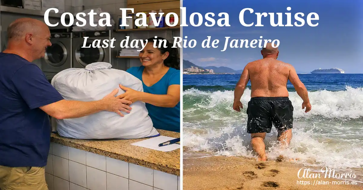 Alan Morris handing over laundry in Rio; shirtless from behind wading into rough Copacabana waves, looking toward a distant cruise ship.