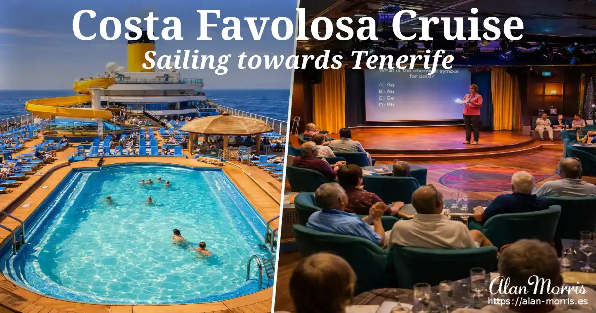 Costa Favolosa pool deck with waterslide and ocean view on the left, evening quiz event on the dance floor on the right.