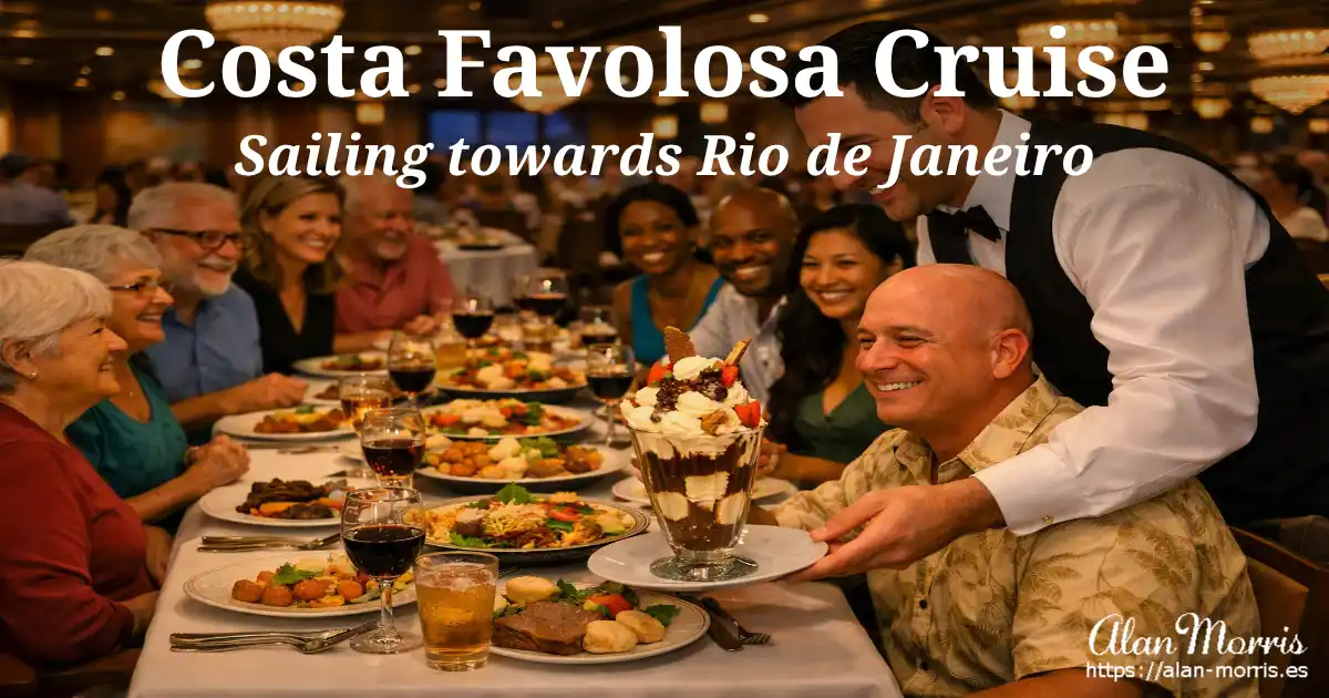 Evening cruise‑ship dining hall with bald clean‑shaven man in beige patterned shirt smiling as a waiter serves him a large ornate ice‑cream sundae.
