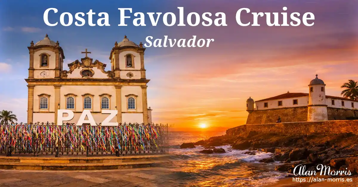 Bonfim Church with PAZ sign and ribbons blending into sunset Monte Serrat Fort above the ocean.