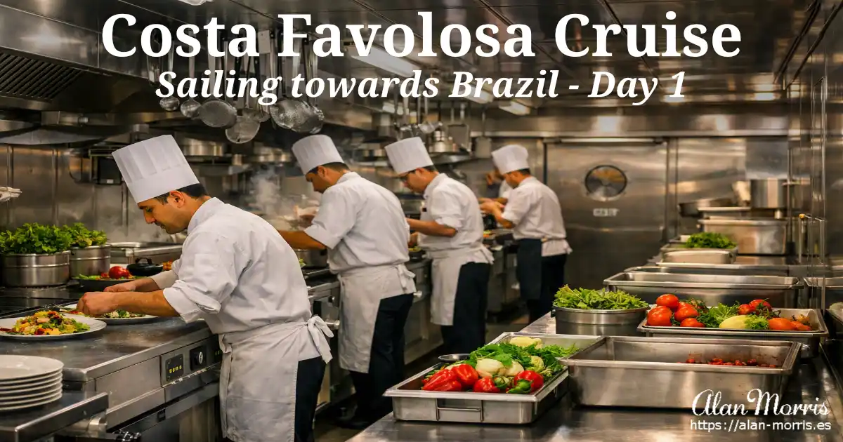 Chefs working in the Costa Favolosa galley, plating dishes amid stainless‑steel counters and fresh produce.