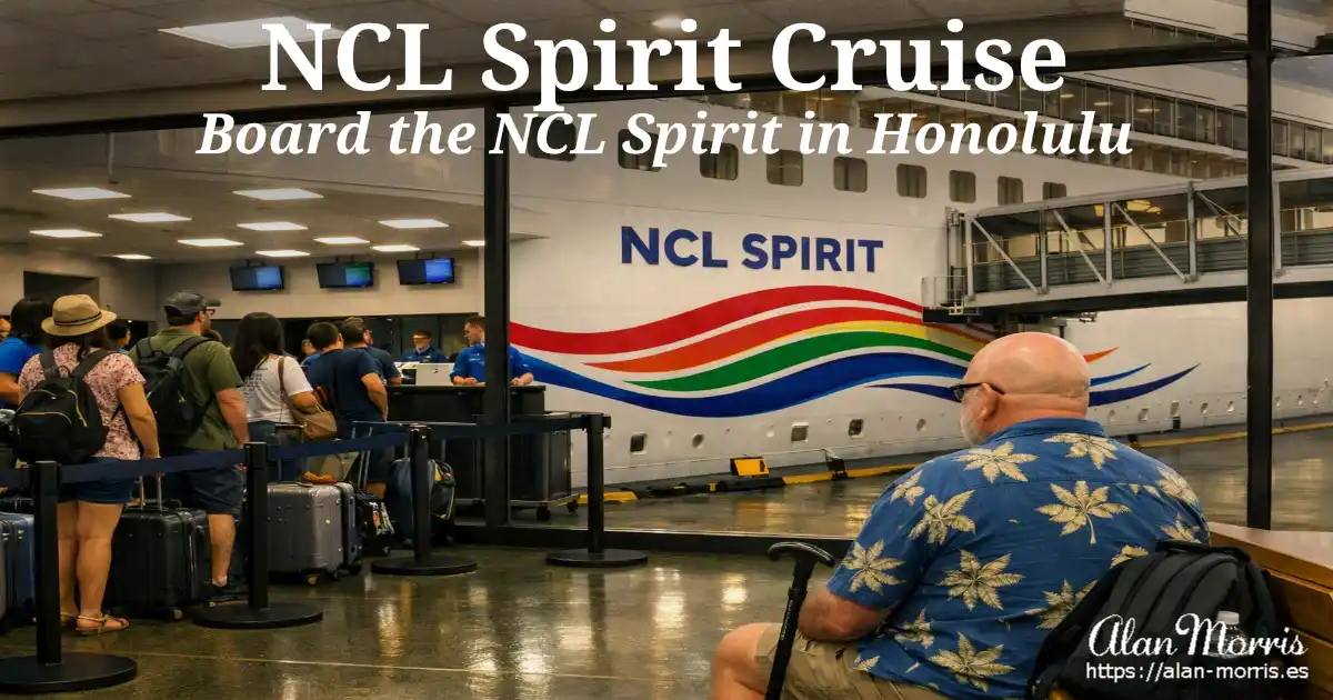 Cruise terminal check in, NCL Spirit’s lower hull and walkway visible through window.