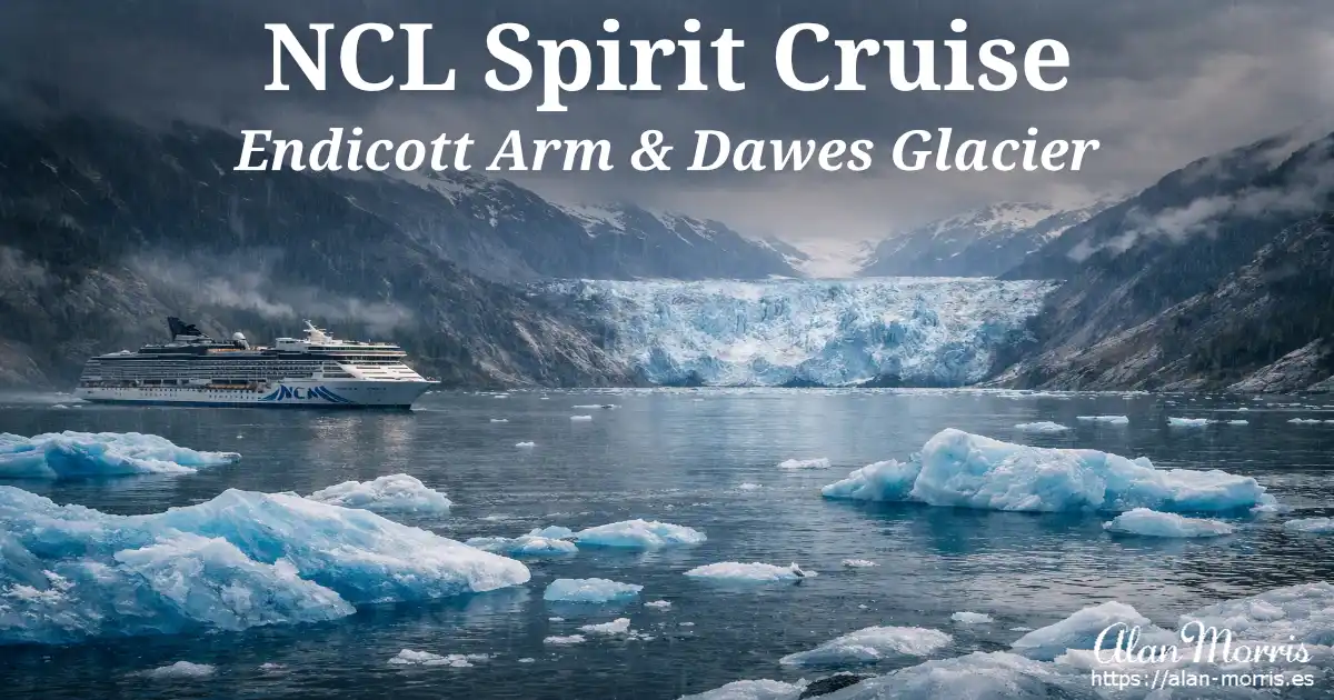 NCL cruise ship sailing past icebergs toward Dawes Glacier.