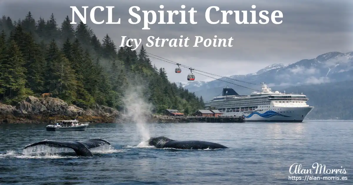 Whales surfacing near an NCL Spirit cruise ship at Icy Strait Point.