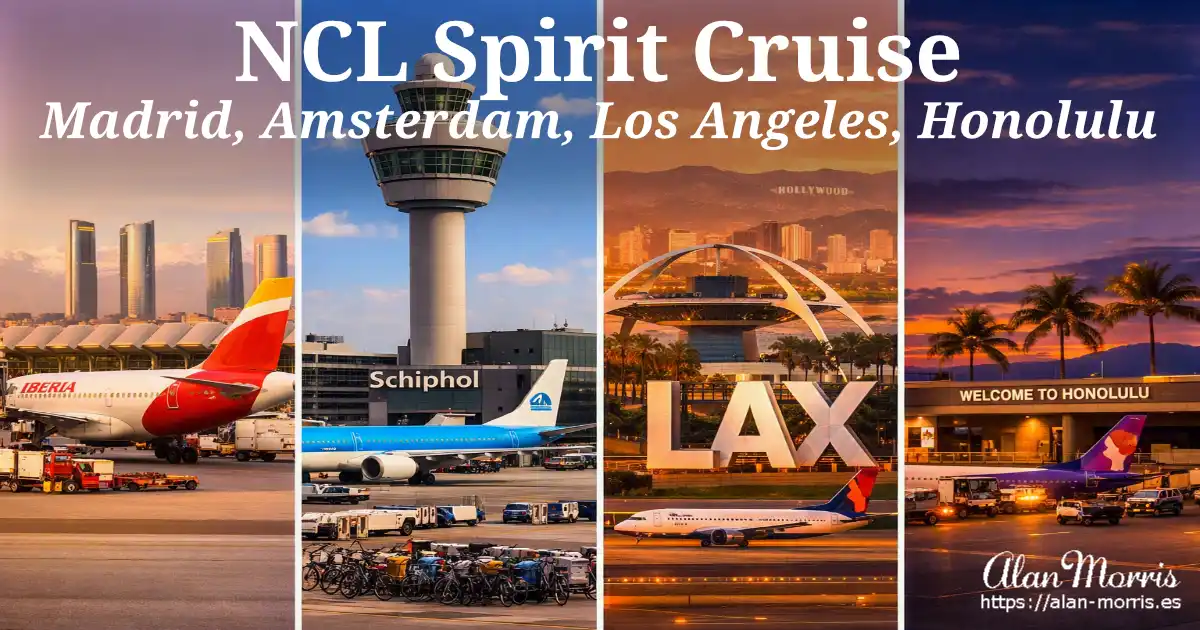 Madrid, Amsterdam, Los Angeles, and Honolulu airports.