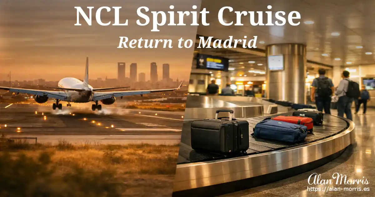 Airplane landing at sunset with Madrid skyline; luggage on airport carousel.