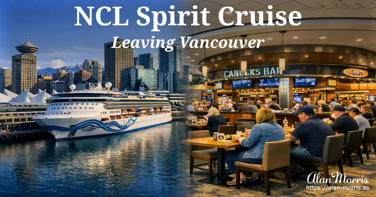NCL Spirit docked in Vancouver with a busy Bar scene at Vancouver airport.