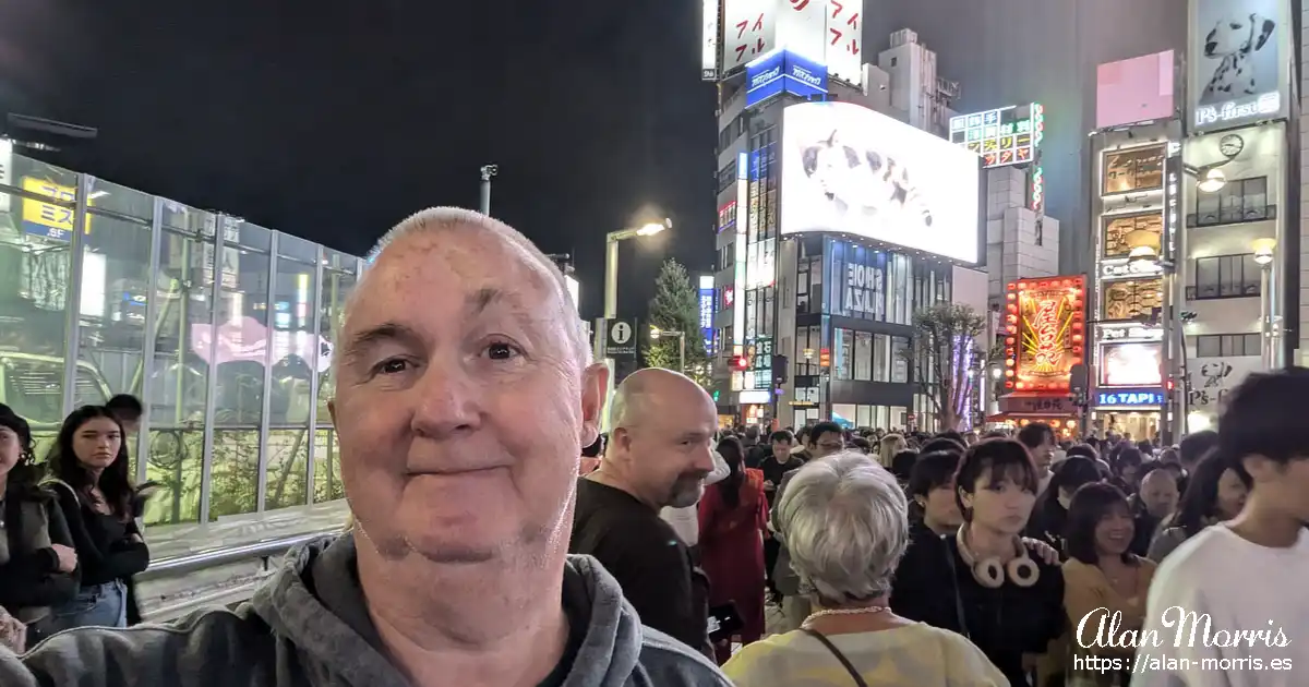 Alan Morris stood outside Shinjuku East train station, Tokyo, Japan.