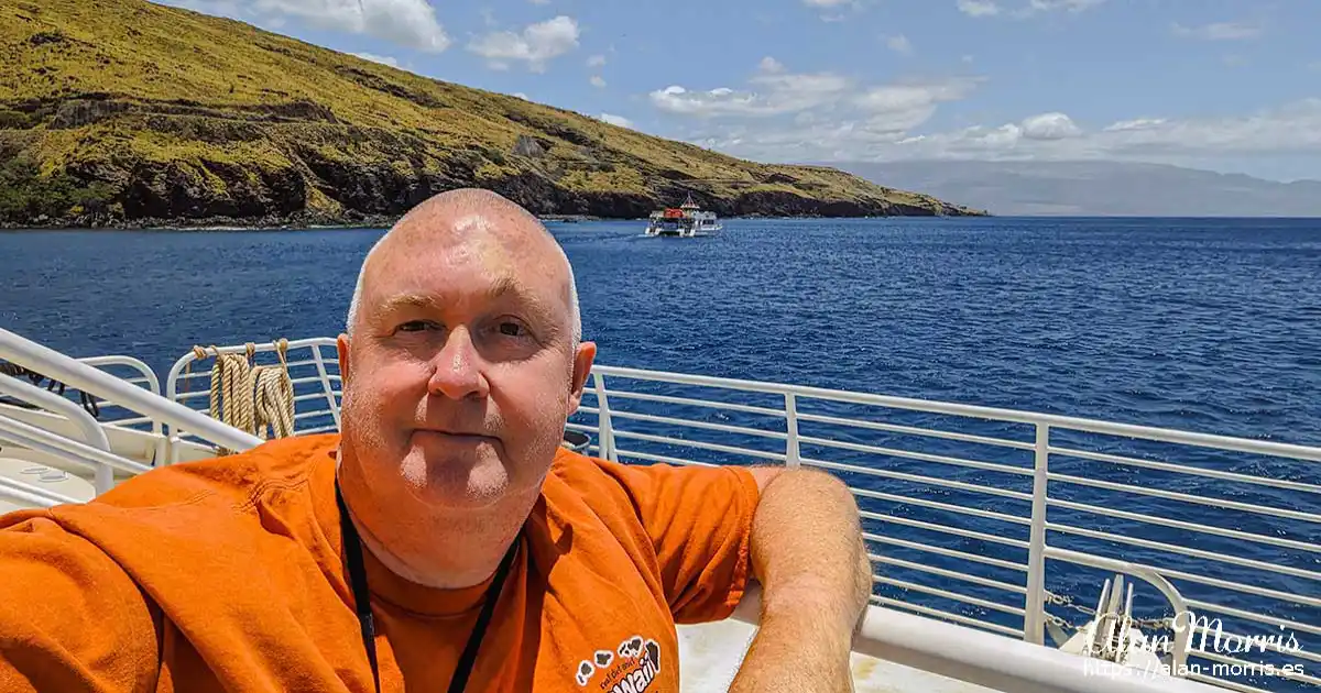 Alan Morris onboard the boat that took him snorkelling, Maui.