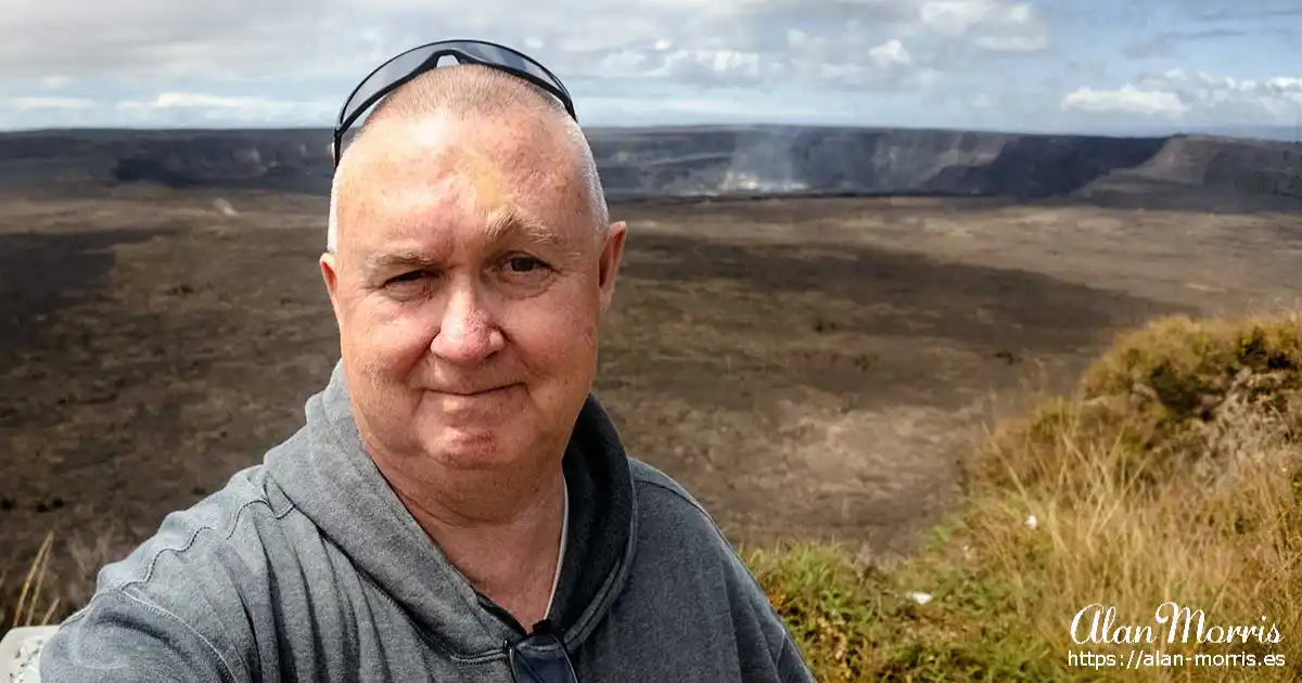 Alan Morris at a volcano crater on Hilo, Hawaii.