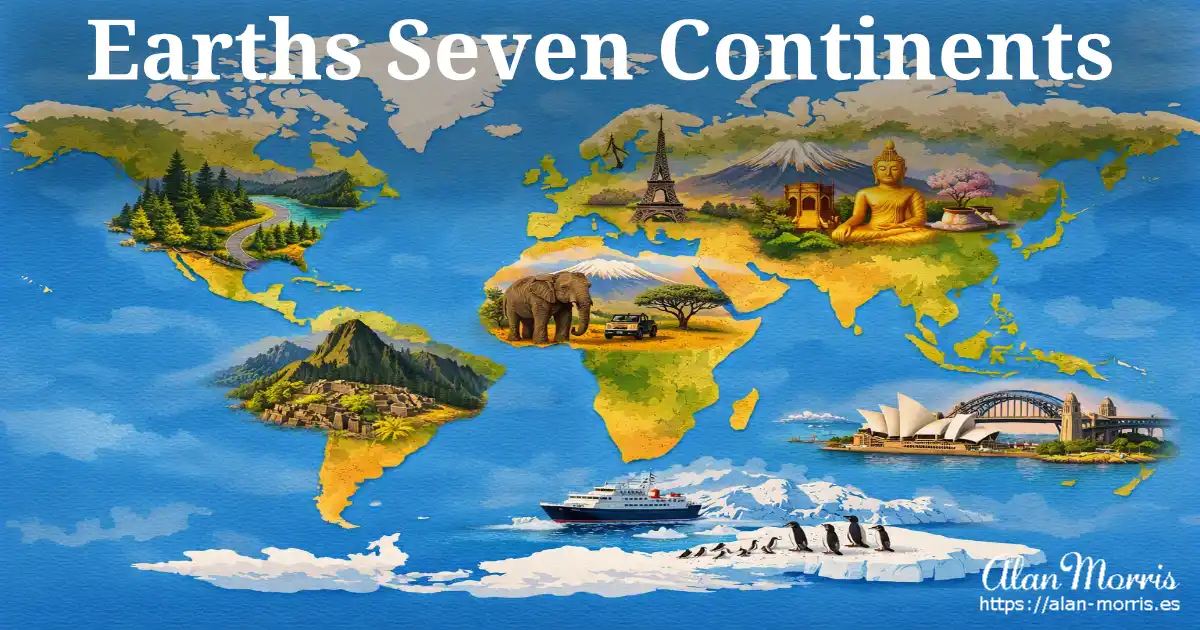 Illustrated world map showing seven continents with iconic landmarks.