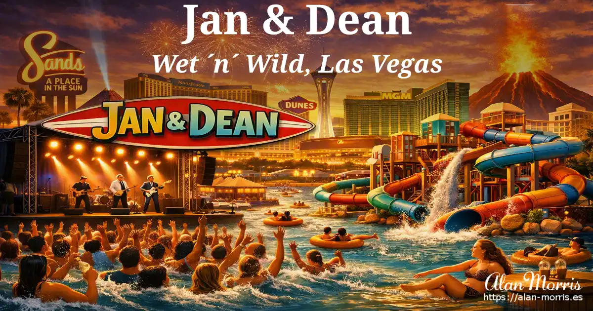 Jan &amp; Dean 1989 Las Vegas concert banner with retro skyline and wave‑pool crowd.
