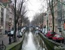 A narrow tree-lined canal in Amsterdam.