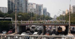 Rush hour traffic in downtown Beijing.