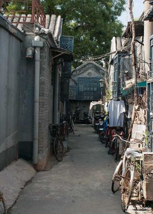 Bicycles propped outside homes in the Beijing Hutongs.