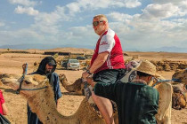 Alan Morris, on a camel in the desert, as it gets up.