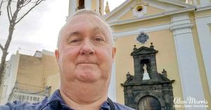 Alan Morris stood before the Cathedral of St Mary of the Assumption in Ceuta.