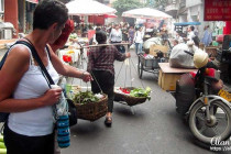 Fresh vegetables being carried through a food market.