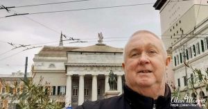 Alan Morris, in front of a statue of Giuseppe Garibaldi