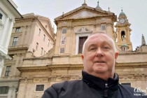 Alan Morris, stood in front of the Church of the Gesù & Saints Ambrogio & Andrea in Genoa