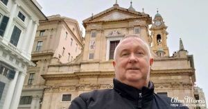 Alan Morris, stood in front of the Church of the Gesù & Saints Ambrogio & Andrea in Genoa