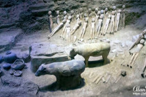 Terracotta figures, animal & pots in a pit at the Han Yang Ling Museum.
