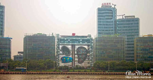 Advertising banner on scaffolding on buildings. Advertising banner on scaffolding on buildings.