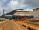 The NCL Spirit docked at a port in Kauai.