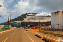 The NCL Spirit docked at a port in Kauai.