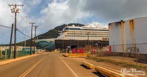 The NCL Spirit docked at a port in Kauai.