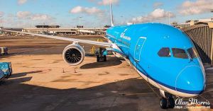 KLM plane parked at Amsterdam airport.