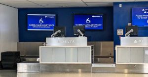 Delta airlines, unmanned wheelchair assistance help desk at Los Angeles airport.