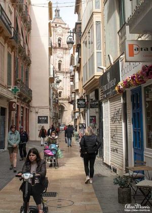 Narrow street in Malaga leading to one of the Cities churches.