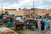 Market stalls outside the Medina, Marrakech, Morocco.
