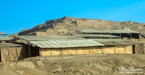 Burial mound at Pachacamac. In the background is the Temple of the Sun.