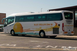 Coach stopped at a motorway service stop. Coach stopped at a motorway service stop.