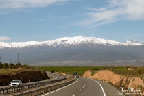 Snow capped mountains.